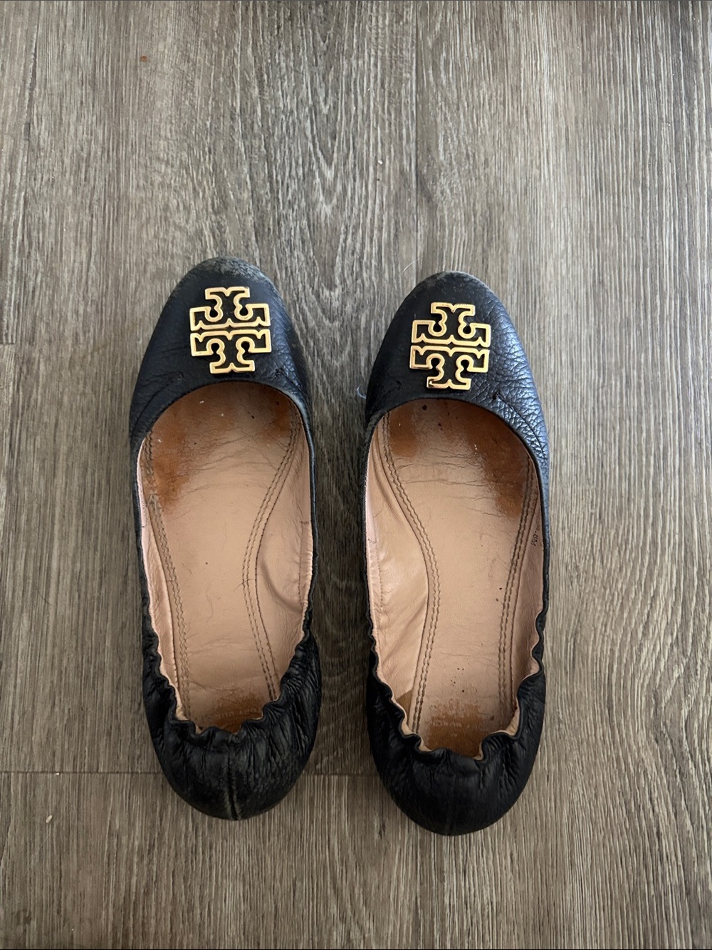 Tory Burch Black Leather Logo Ballet Flats with Gold Emblem
